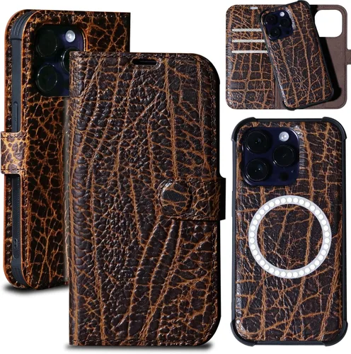 Miniatura 21 de Funda de cuero compatible con iPhone 16 Pro Max Cartera 6.9", cuero genuino 2 en 1, magnética, desmontable, a prueba de golpes, funda tipo folio