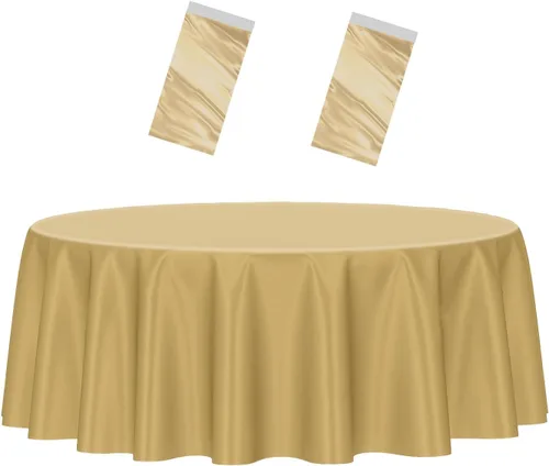 Miniatura 11 de HEIPINIUYE - Paquete de 2 manteles redondos de 84 pulgadas de plástico beige, manteles de mesa impermeables desechables para redondas, ideales