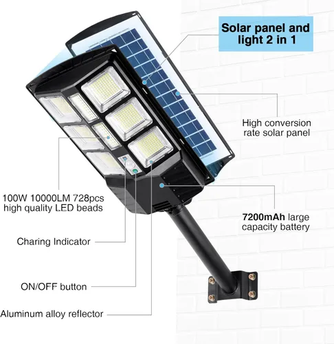 Miniatura 4 de ZJOJO Luz solar de calle de 800 W, impermeable, 15000 lúmenes, 728 luces LED solares para exteriores del atardecer al amanecer, luz LED