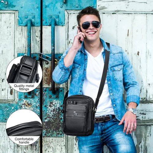 Miniatura 6 de BAIGIO Bolso de hombro de cuero genuino para hombre, maletín de mensajero, bolso de mano cruzado, bolso de viaje
