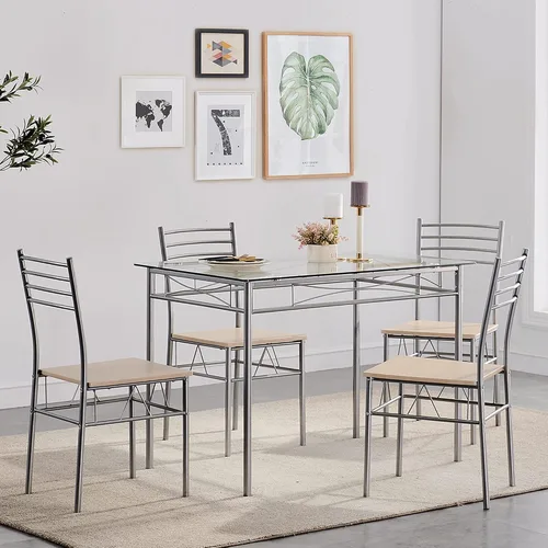Miniatura 9 de VECELO Mesa y sillas de cocina para 4, juego de comedor con sillas/taburetes de poliuretano, marco de metal resistente, mesa de madera, diseño que