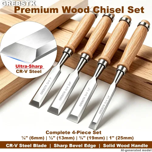 Miniatura 4 de GREBSTK Juego de 4 cinceles de madera con borde biselado de acero CRV y tapas de seguridad para carpintería y proyectos de bricolaje de 1/4", 1/2