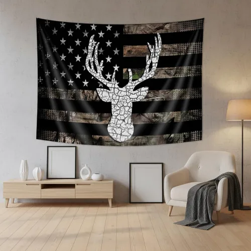 Miniatura 9 de Tapiz de Oso con Bandera Americana Country, Tapiz Rústico de Caza Camo Bass Bear en Blanco y Negro para Colgar en la Pared para Dormitorio de Oso