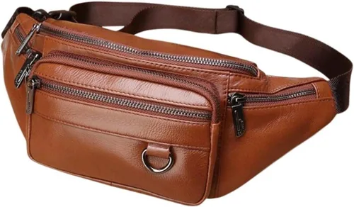 Riñonera de cuero para hombre, bolsa de cintura grande para viajes, senderismo, ciclismo, motociclismo, pesca, correr, negro, marrón, café, Marrón