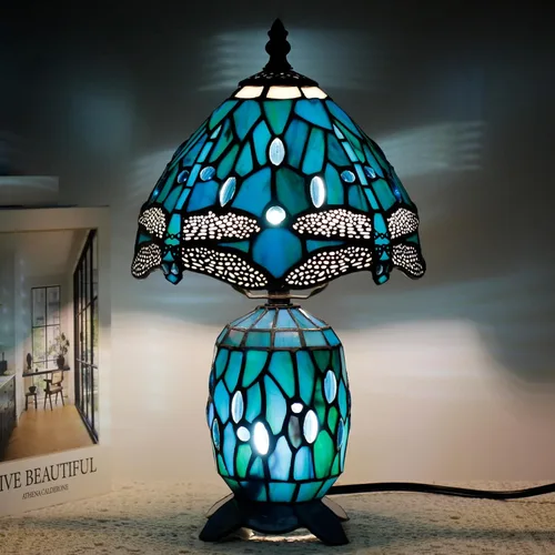 Lámpara Pequeña Tiffany de Vidrio Emplomado Lámpara de Mesa Mini Jarrón Madre Hija Luz de Acento de Escritorio para Dormitorio Mesita de Noche