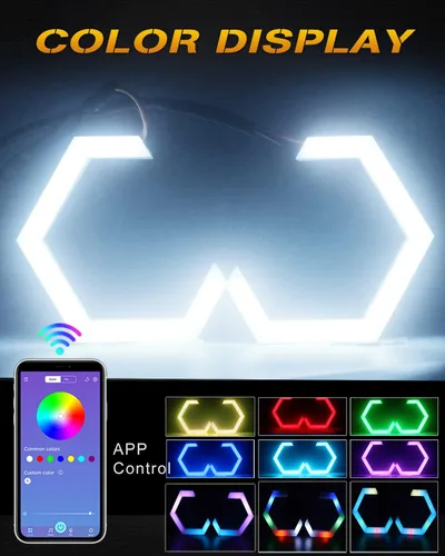 Miniatura 3 de Qasim Hexagon Ojos de Ángel 70MM RGB APP Control Anillos de Halo Luz de Retroceso para Coche Moto Accesorios de Decoración DRL Luz de Conducción