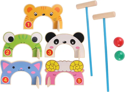 TOYANDONA Juego de croquet para niños, juego de croquet de animales de madera de dibujos animados con mazos de madera de croquet, juego familiar