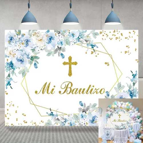Mi Bautizo - Telón de fondo para fiesta de bautismo mexicano, 7 x 5 pies, Dios bendiga la primera comunión, fondo azul flor niño bautismo banner