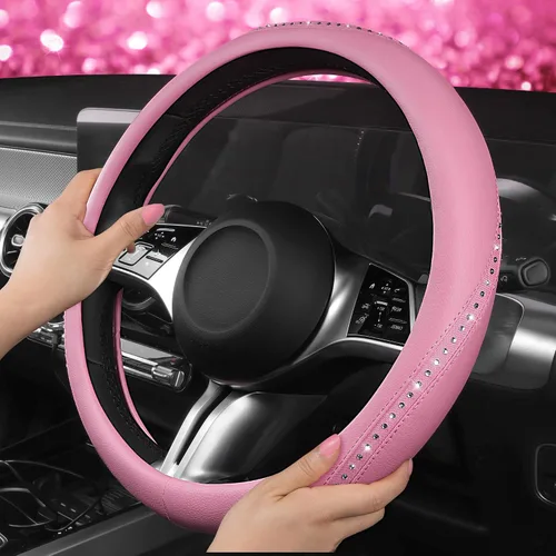 Miniatura 2 de CAR PASS Funda para Volante de Cuero Rosa con Diamantes de Imitación Brillantes, Piedras de Imitación Brillantes con Tachuelas Ajuste Universal 14