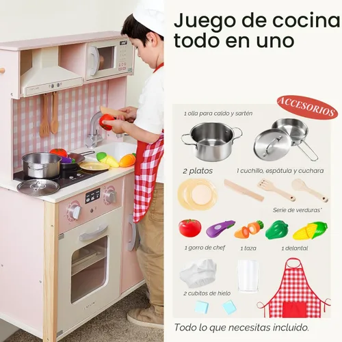 Miniatura 4 de Tiny Land Juego de cocina para niños, juego de cocina de madera para niños, juego de cocina de chef para niños pequeños con luces y sonidos reales