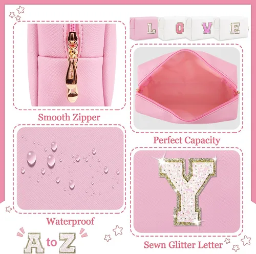 Miniatura 3 de Bolsa de maquillaje con parche de letra inicial personalizada, bolsa de cosméticos de chenilla preppy con letra de chenilla con cremallera, Y