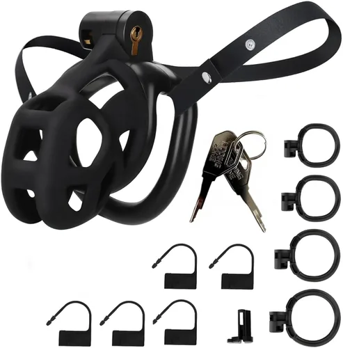 Miniatura 8 de Jaula de castidad masculina Astini con cinturón elástico y candado invisible - 4 anillos Diseño ligero de ajuste cómodo para uso a largo plazo, Negro