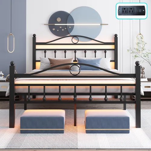 Miniatura 10 de Jenmit Marco de cama tamaño completo con cabecero, marco de cama de plataforma de metal con estación de carga y luces LED, espacio de almacenamiento
