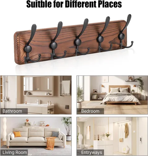 Miniatura 7 de Gohiuo Perchero Rústico para Montaje en Pared, Ganchos de Pared de Madera con 5 Ganchos Triples, Perchero de Madera Resistente para Colgar
