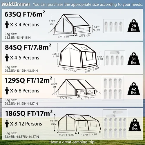 Miniatura 7 de Inflatable Camping Tent with Hand Pump Waterproof Outdoor Blow up Tent 2-8 Person Oxford 4 Season Glamping Air Tent Cabin House with Mesh Windows &