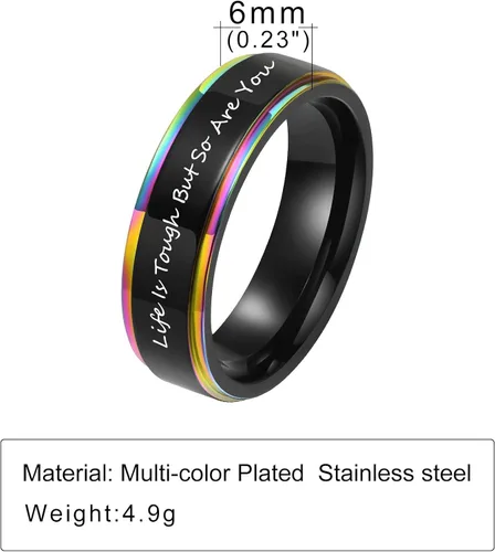 Miniatura 3 de MPRAINBOW Joyería inspiradora de acero inoxidable, anillo de arco iris negro, cita motivadora oculta, grabado, animación, cumpleaños, graduación