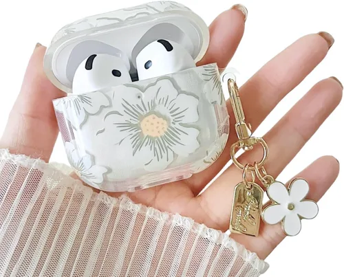 Miniatura 14 de MINSCOSE Funda transparente compatible con AirPods 1/2, bonito diseño de patrón de flores de dibujos animados con llavero floral, funda protectora