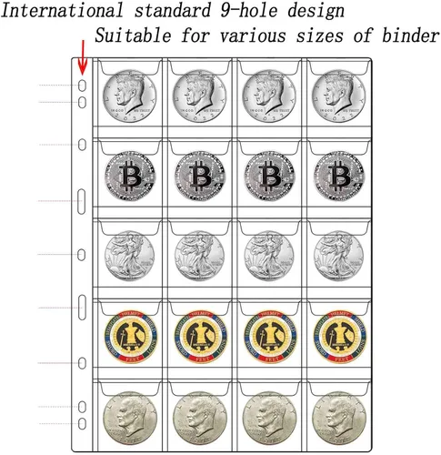 Miniatura 4 de 10 hojas de páginas de suministros para colección de monedas, página de bolsillo para coleccionar monedas con fundas estándar de 9 agujeros
