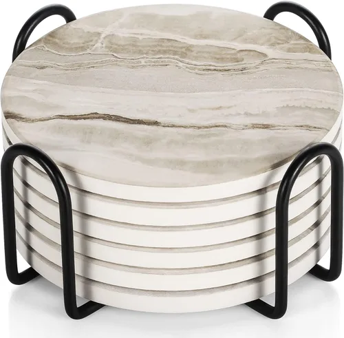 LIFVER Juego de 6 posavasos para bebidas, piedra absorbente con soporte, posavasos de cerámica estilo mármol negro para protección de mesa, amarillo