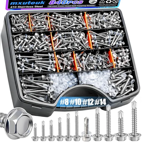 Miniatura 11 de mxuteuk 230 tornillos autorroscantes #8 para metal, 410 tornillos autoperforantes de acero inoxidable, tornillos de chapa de cabeza de truss de 1/2