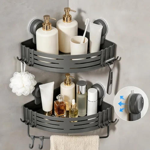 Miniatura 10 de Lekesky Organizador de ducha con ventosa, estante de ducha sin taladro, organizador de ducha de baño de aluminio a prueba de óxido con 12 ganchos