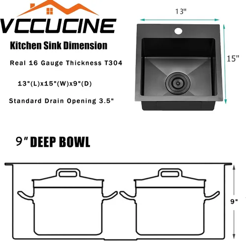 Miniatura 4 de Fregadero de barra negro gunmetal de 13x15 pulgadas, fregadero de cocina pequeño de montaje superior para RV, fregadero de barra húmeda hecho a mano