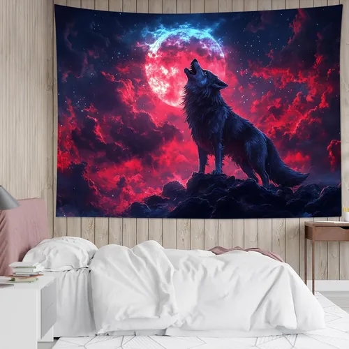 Miniatura 18 de HVEST Tapiz de pared de lobo para colgar en la pared, tapiz de animales salvajes, lobos aullidos en tapices nevados, escena de nieve de invierno