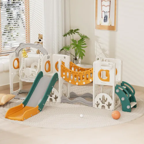 Miniatura 9 de KORIMEFA Tobogán infantil 7 en 1, tobogán infantil para bebés de 1 a 3 años, para interiores y exteriores, con aro de baloncesto y juego de golf