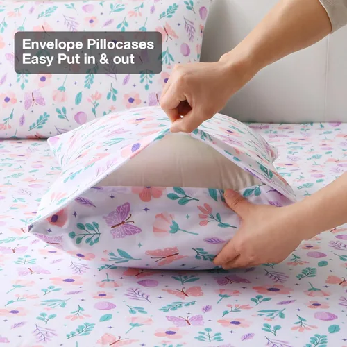 Miniatura 5 de Viviland Juego de sábanas de 3 piezas con estampado botánico de mariposas y flores rosas y moradas, sábanas de microfibra suave y transpirable