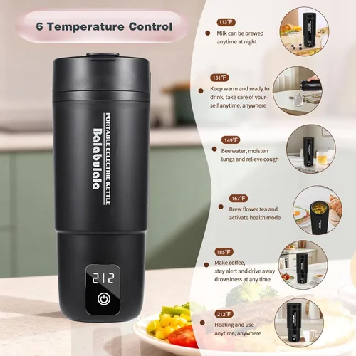 Miniatura 5 de Hervidor eléctrico de viaje, caldera de agua portátil con 6 ajustes preestablecidos variables, hervidor eléctrico pequeño con cubierta de base
