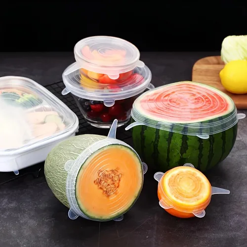 Miniatura 2 de Tapas elásticas de silicona, 6 tamaños, fundas reutilizables para almacenamiento de alimentos para cuencos, frutas y recipientes (rosa, 6 unidades)