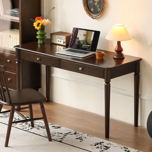 Miniatura 9 de Escritorio de madera maciza con acabado de nogal, escritorio pequeño para oficina en casa, escritorio de computadora para espacios pequeños