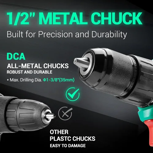 Miniatura 5 de DCA Taladro de Martillo Sin Escobillas de 20V Inalámbrico, Taladro de Impacto de 492 Pulgadas-Libras de Torque, Portabrocas de Metal sin Llave