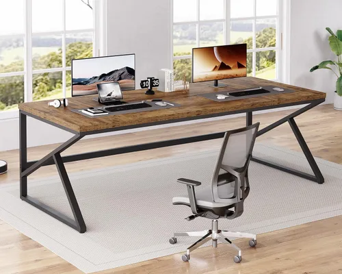 Miniatura 19 de HSH Escritorio Largo de 70 Pulgadas Negro, Escritorio Grande de Metal y Madera para 2 Monitores, Escritorio Moderno para Computadora de Oficina