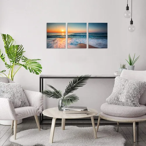 Miniatura 6 de TutuBeer 3 paneles de fotos de playa, arte de pared, diseño de mar azul, playa blanca al amanecer, imágenes impresas en lienzo, imágenes del océano