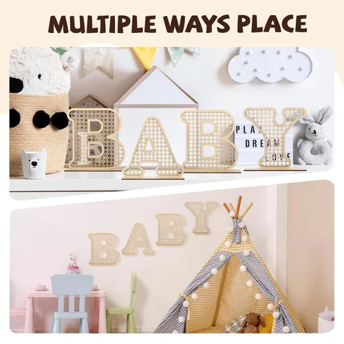 Miniatura 4 de 4 Piezas Letras de Bebé de Madera de Ratán - Decoración Bohemia de Guardería para Baby Shower Letras Rústicas del Alfabeto Decoración del Hogar