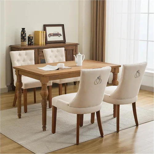 Juego de 4 sillas de comedor tapizadas copetudas, sillas laterales de tela para comedor con cabeza de clavo en la parte trasera y patas de madera