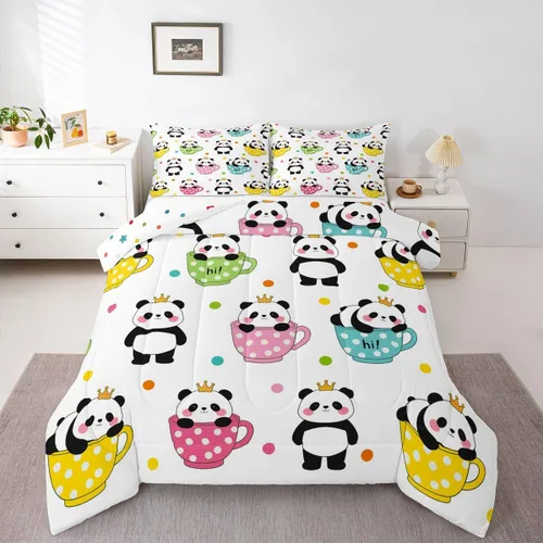 Juego de edredón de panda lindo para niños, 2 piezas, tamaño individual, edredón y juegos de ropa de cama Kawaii Pandas Cupcake para niños y niñas,