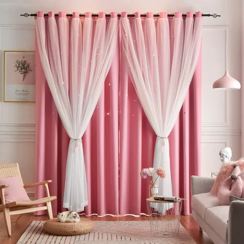 Miniatura 14 de Loyala Cortinas opacas de doble capa con diseño de estrellas para dormitorio de niños, bonitas, 63 pulgadas de largo, juego de 2 paneles, beige, 42
