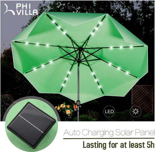 Miniatura 2 de PHI VILLA - Sombrillas de patio de 9 pies con 24 luces LED solares, sombrilla iluminada para mesa de mercado al aire libre con 8 varillas de acero