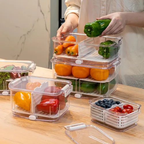 Miniatura 7 de Felli Duo Fresh Produce Saver para Nevera, Recipiente para Frutas y Vegetales con Ventilación y Drenaje en la Parte Inferior para Lavado, Colador