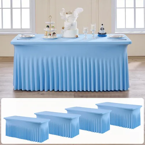 Miniatura 51 de Paquete de 2 manteles de elastano azul bebé de 6 pies con falda de mesa con volantes, manteles ajustables elásticos sin arrugas para mesas