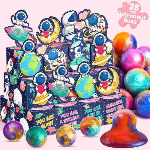Miniatura 3 de SURCVIO Paquete de 28 regalos para el día de San Valentín para niños, limo de galaxia con caja de tarjetas de felicitación, juguete para aliviar