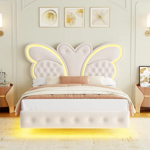 Miniatura 7 de Keyluv Base de cama Queen con cabecera tapizada con patrón de mariposa, moderna cama flotante con luces LED, botón copetudo en cabecero y estribo