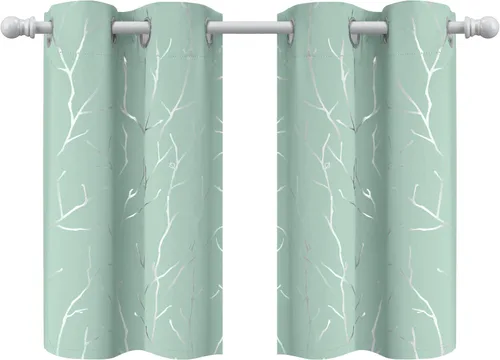 Miniatura 8 de BUHUA Cortinas pequeñas para ventana de 36 pulgadas de largo, 2 paneles, cortinas opacas con elegantes ramas de árbol plateadas, cortinas de bloqueo