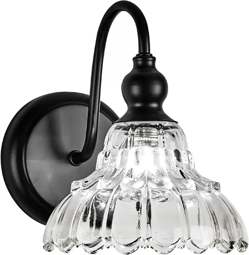 Moderno aplique de pared negro mini lámpara de pared hecha de cuerpo de metal y vidrio estampado prensado retro luz de tocador para dormitorio,