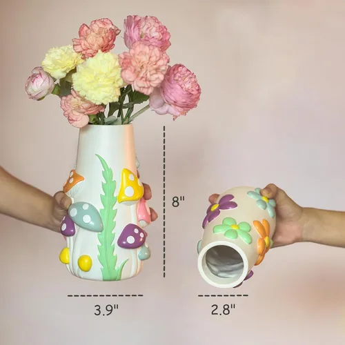 Miniatura 3 de GUGUGO Jarrón de hongos pastel para flores, decoración de hongos funky arcoíris de 8 pulgadas de alto, jarrones eclécticos para flores, florero