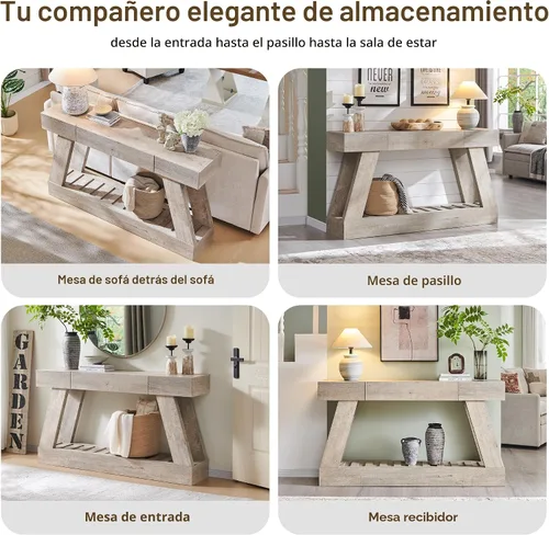 Miniatura 6 de Mesa de entrada de granja de 60 pulgadas con cajón, mesa de vestíbulo de madera con base resistente (roble rústico claro)