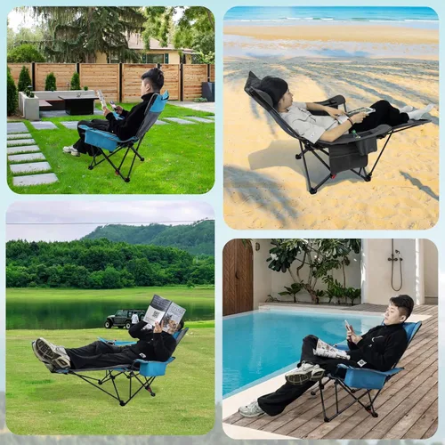 Miniatura 8 de Silla de camping reclinable de 4 posiciones con reposapiés, cómoda para adultos, tumbona plegable de 265 libras, silla de playa de malla con bolsa