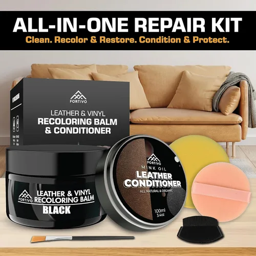 Miniatura 2 de FORTIVO Bálsamo de cuero con aceite de visón, kit de reparación de sofá, tinte para cuero y restaurador para muebles, color negro